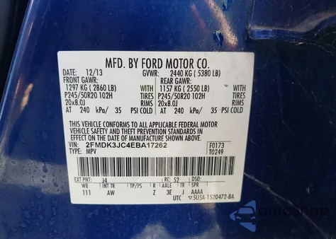 2014 Ford Edge Sel from USA, damaged, VIN 2FMDK3JC4EBA17262